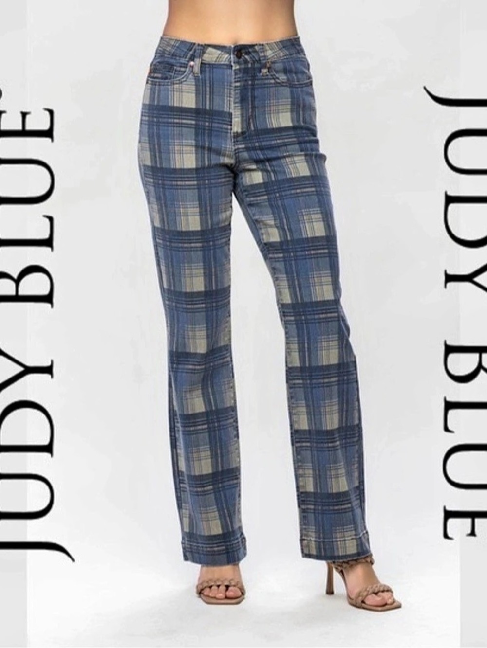 Judy Blue Vintage Look Plaid Blue High Waist Straight Jeans